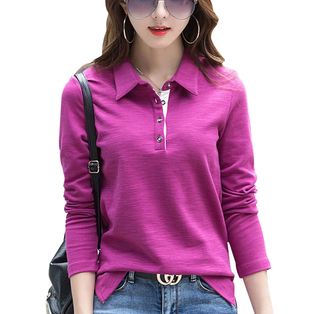 2018 women's Autumn Winter t-shirt Long-sleeve 92% cotton polo shirt turn-down collar women's top Large size 3XL 4XL 1