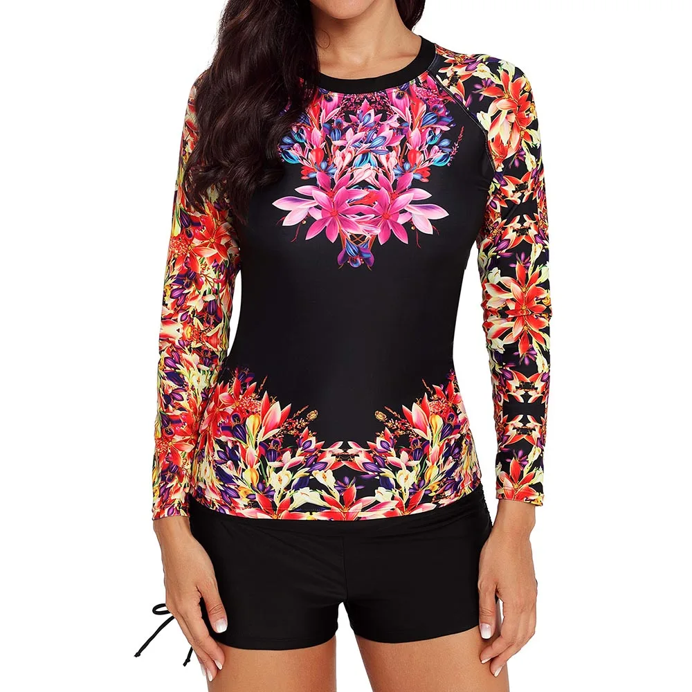 

Plus Size Two Pieces Swimsuit Women Print Rash Guard Long Sleeve Surfing Suit Shorts Bathing Suits S-3XL Diving Clothes Floral