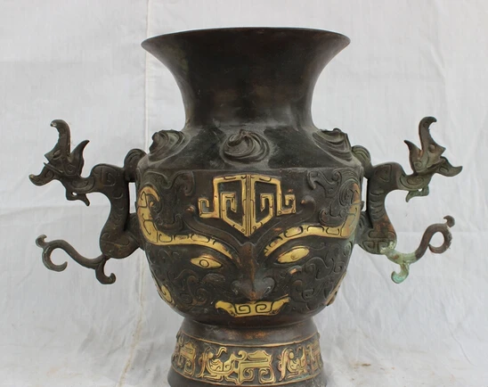 

wholesale factory 12" Chinese Bronze Copper Gilt Wealth Dragon Beast Statue Lion Face Pot Bowl Jar