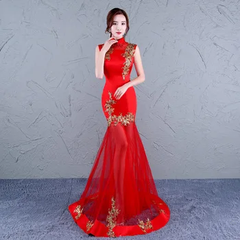 chinese traditional qipao dress sleeveless women fishtail sequin long mermaid green china cheongsam wedding gown red modern