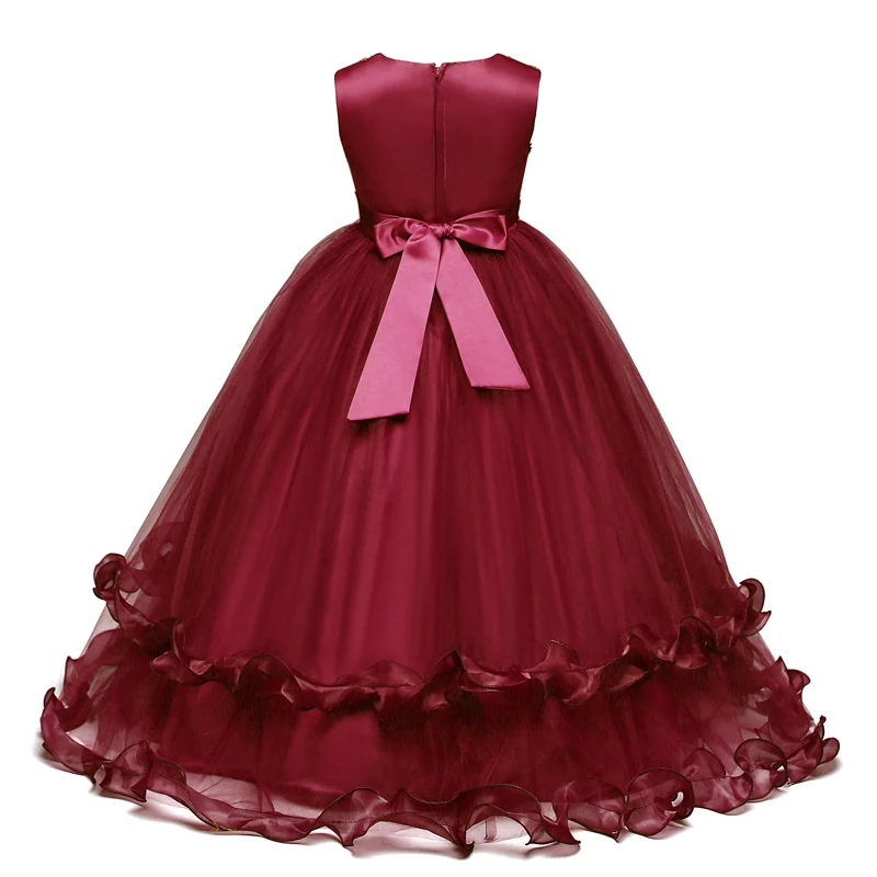 Элегантное кружевное платье принцессы; Детские платья с цветочной вышивкой для девочек; винтажные Детские платья для рождественской вечеринки; красное бальное платье