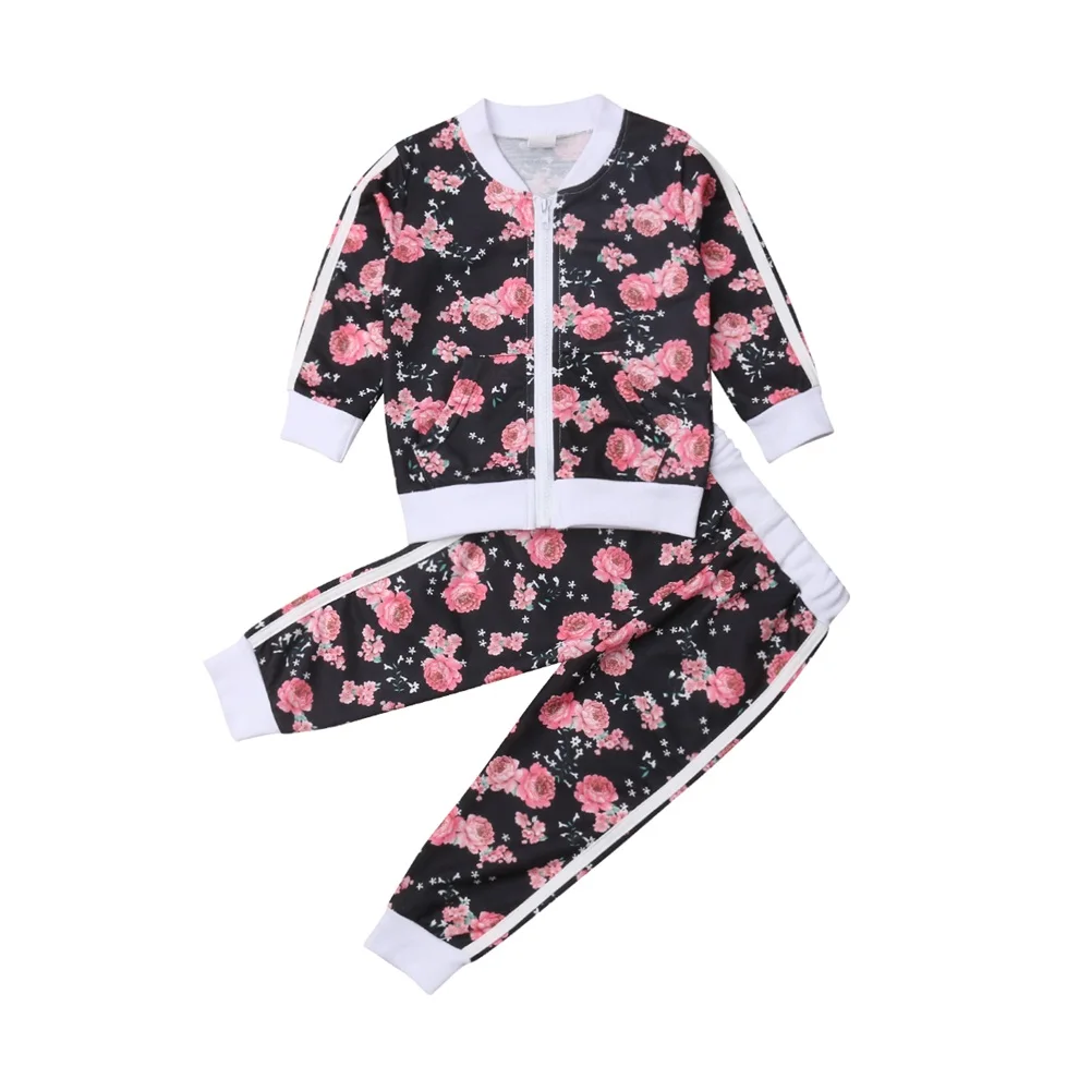 New Toddler Kids Baby Girl Clothes Set Casual Sportswear Floral Long Sleeve Jacket Coat Pants 2PCs Children Clothes