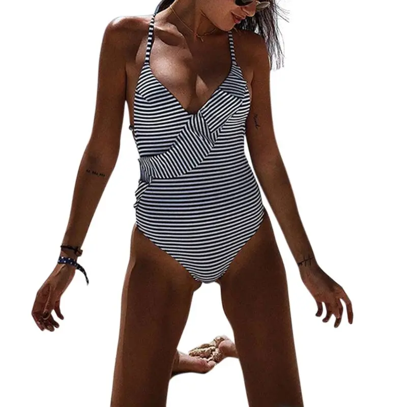 

Womens Sexy One Piece Bikini Ruffles Flounce Faux Wrap Front Monokini Retro Cross Stripes Printing Deep V-Neck Swimsuit Strappy