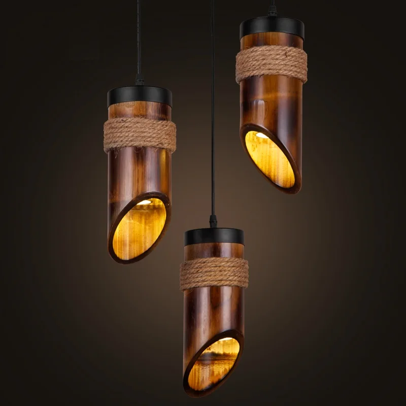

Retro Loft Style Iron Rope Bamboo Droplight LED Pendant Light Fixtures Dining Room Hanging Lamp Vintage Industrial Lighting