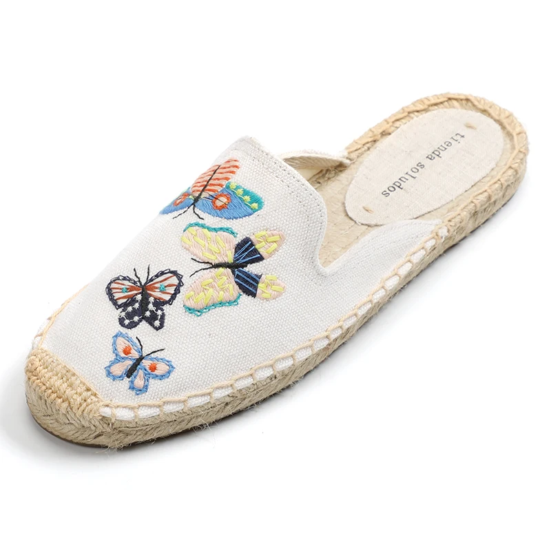 

2019 New Floral Hemp Summer Rubber Slippers Women Tienda Soludos Women's Stylish Embroidery Flat Espadrilles Fancy Mule