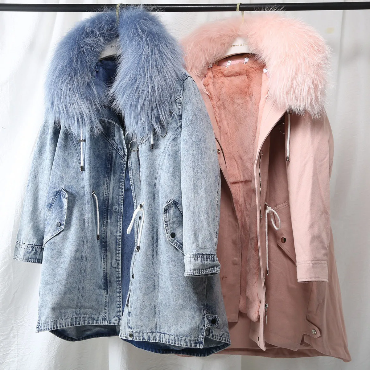 Manteaux Pour À D'hiver Surdimensionné pink Chaud Moyen Naturelle Fourrure Long Blue Mode De Vraie Parkas Femmes Demin Capuchon Vestes gRRH4aPqw