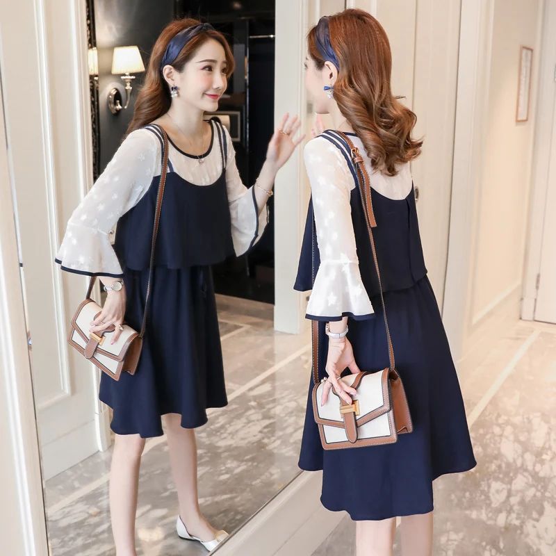 

2019 spring three quarter sleeve pregnant women breastfeeding dress chiffon patchwork lace ruffles adjustable waist mini dresses