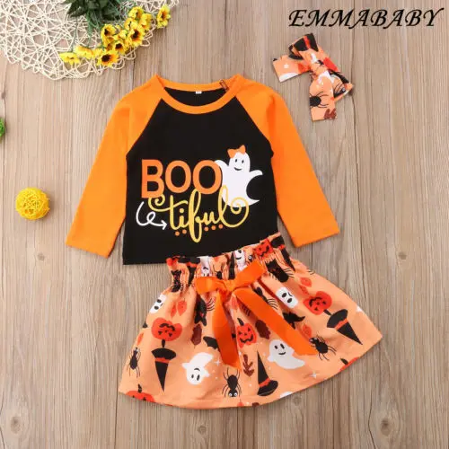 

2018 Halloween Toddler 3Pcs Newborn Baby Kid Girl Shirt Top Pumpkin Horror Tutu Skirt Infant Outfits Children Halloween Costumes