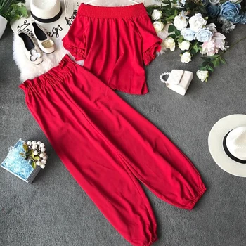 

2019 summer new women One word collar Ruffle sleeve chiffon shirt + high waist wide leg pants suit female two piece sets aa975