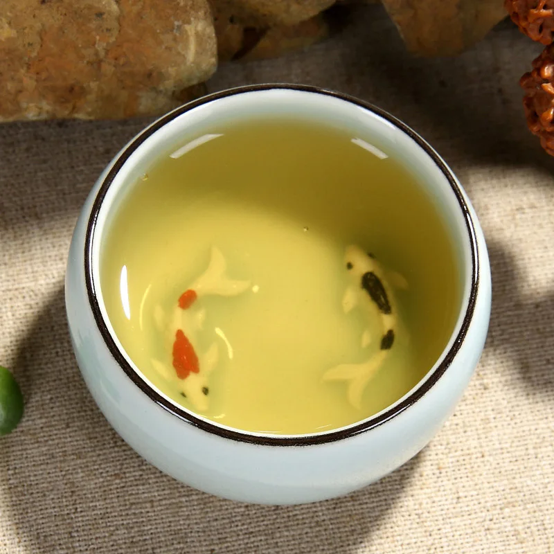 Китайский Longquan Celadon 1 шт. чайная чашка 50 мл, китайские чайные чашки с золотой рыбкой чайная чаша фарфоровый чайный горшок Celadon чайные чашки - Цвет: Синий