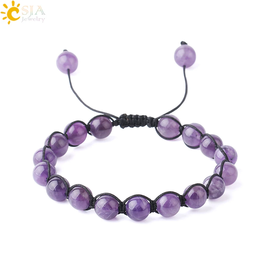 

CSJA 8mm Purple Crystal Healing Stones Bracelet Quartz Natural Stone Adjustable Braided Rope Beaded Bracelets for Women Men F730