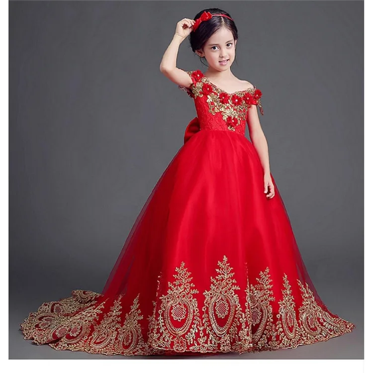 Изысканное бальное платье красного цвета с длинным шлейфом; Платья с цветочным узором для девочек на свадьбу; детское элегантное платье на день рождения с золотой проволокой; праздничное платье на заказ