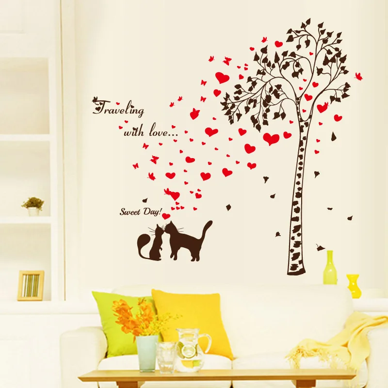 Pareja Gatos árbol de amor etiqueta de la pared TV Fondos pegatinas paredes decoración mural autocollant DIY Decoración para el hogar