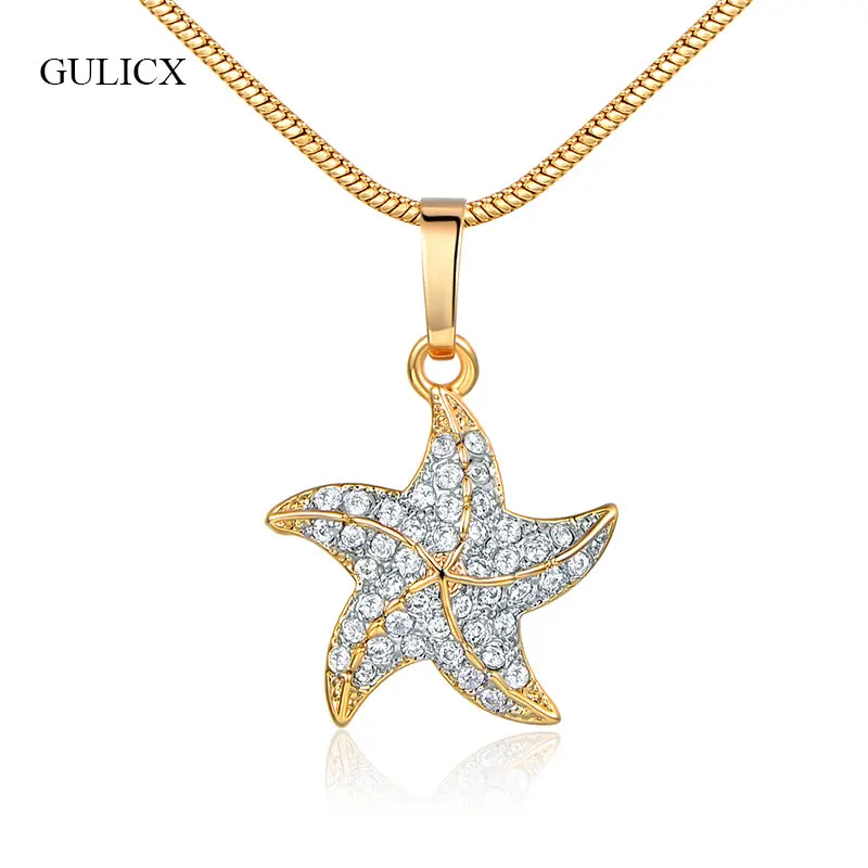 

GULICX Cute Sea Star Slide Pendants Necklaces For Women Gold-color White Crystal Cubic Zirconia Starfish Pendant Necklace P052