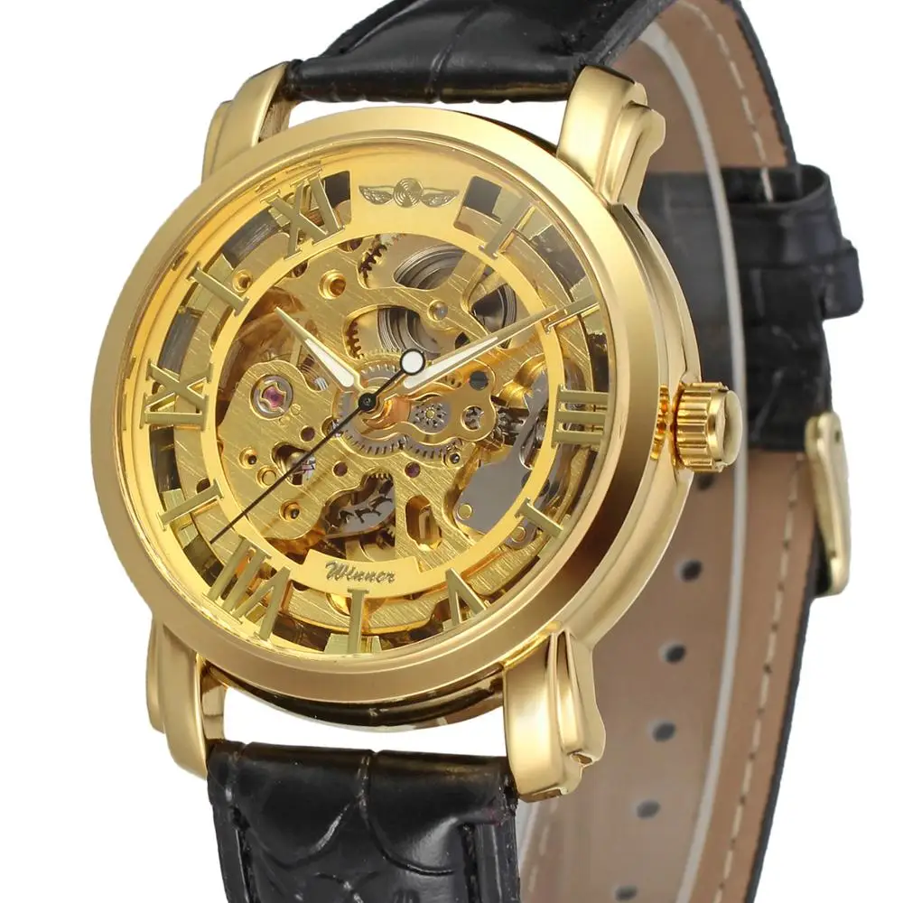 

WINNER WATCH golden Roman Numerals golden pointer digital dial black leather strap men's automatic watch