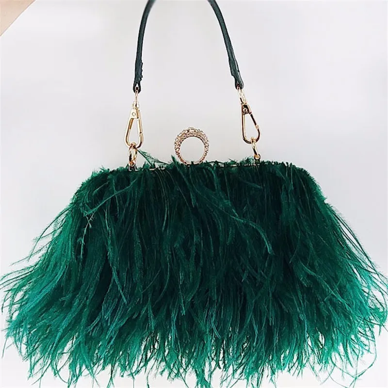 

2018 real ostrich hair evening bag new design European style lady's chain bag feather clutch bag