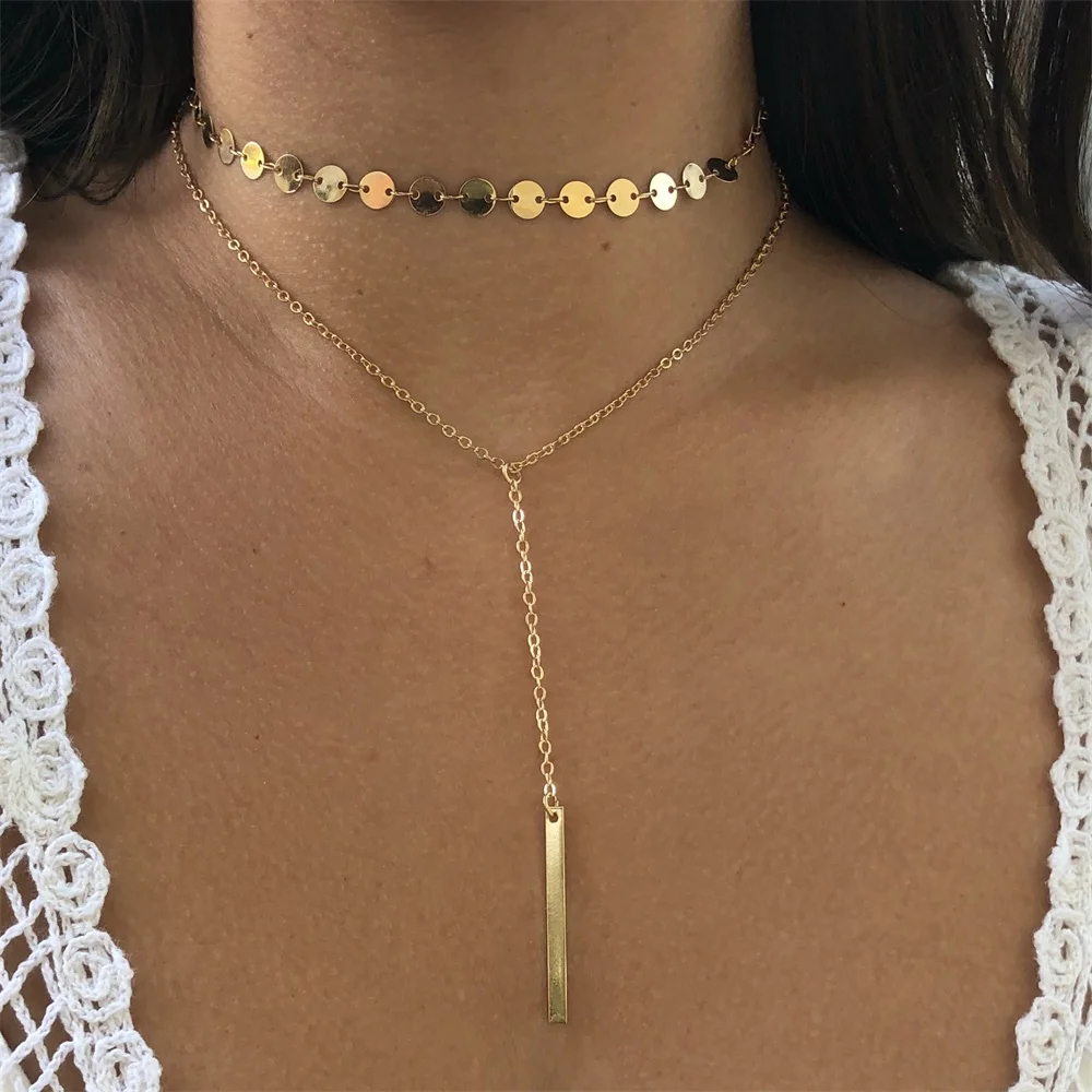 

KISSWIFE 2018 Boho Coin Choker Layered of 2 Necklace Set Y Lariat Silver Bar Pendant Necklace Girlfriend Gift