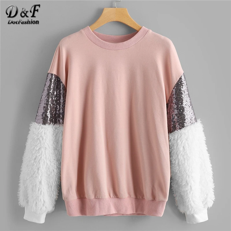 

Dotfashion Colorblock Contrast Faux Fur Sleeve Sweatshirt Women Casual Autumn Long Sleeve Ladies Preppy Pullovers Sweatshirt