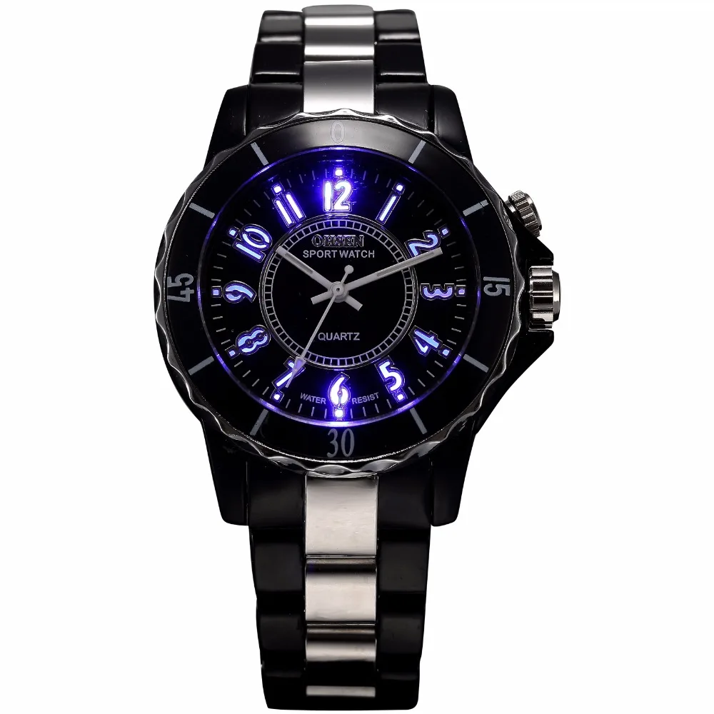 

Fashion OHSEN LED Back Light 7 Color Women Men Rotate Bezel Black Analog Plastic Band Sport Casual Quartz Watch Relogio /OHS002