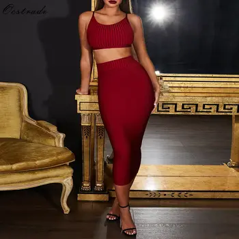 

Ocstrade Bandage 2 Piece Set Midi Dresss New Trends 2019 Women Ribbed Wine Red 2 Piece Bandage Dress Summer Bodycon Dress Party