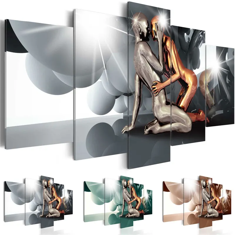 

Modern Wall Art 5 Pieces Gold and Silver Men and Women Kissing Statuss Canvas Print Home Deocr Living Room Decoration Poster