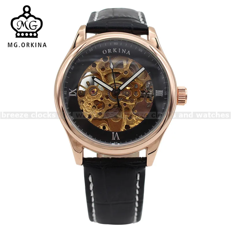 ORKINA Rose Gold Case Skeleton Watches Mens Top Brand Luxury Auto Mechanical Watch Male Wristwatches Erkek