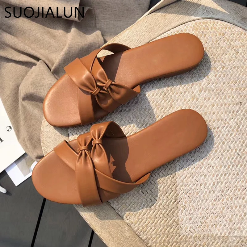 SUOJIALUN/2019 г. модные брендовые женские шлепанцы на плоской подошве без застежек