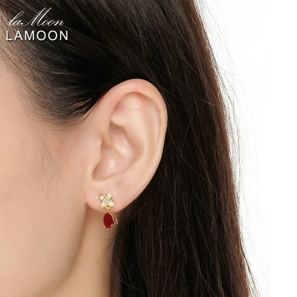 LAMOON Teardrop 5x7mm 2ct 100% Red Ruby 925 sterling-silver-jewelry Stud Earring S925 LMEI050