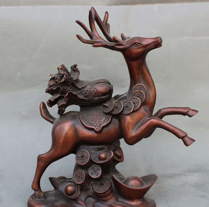 

song voge gem S3672 11" Chinese Pure Red Bronze Wealth YuanBao Coin Run Deer Carry Cabbage Statue