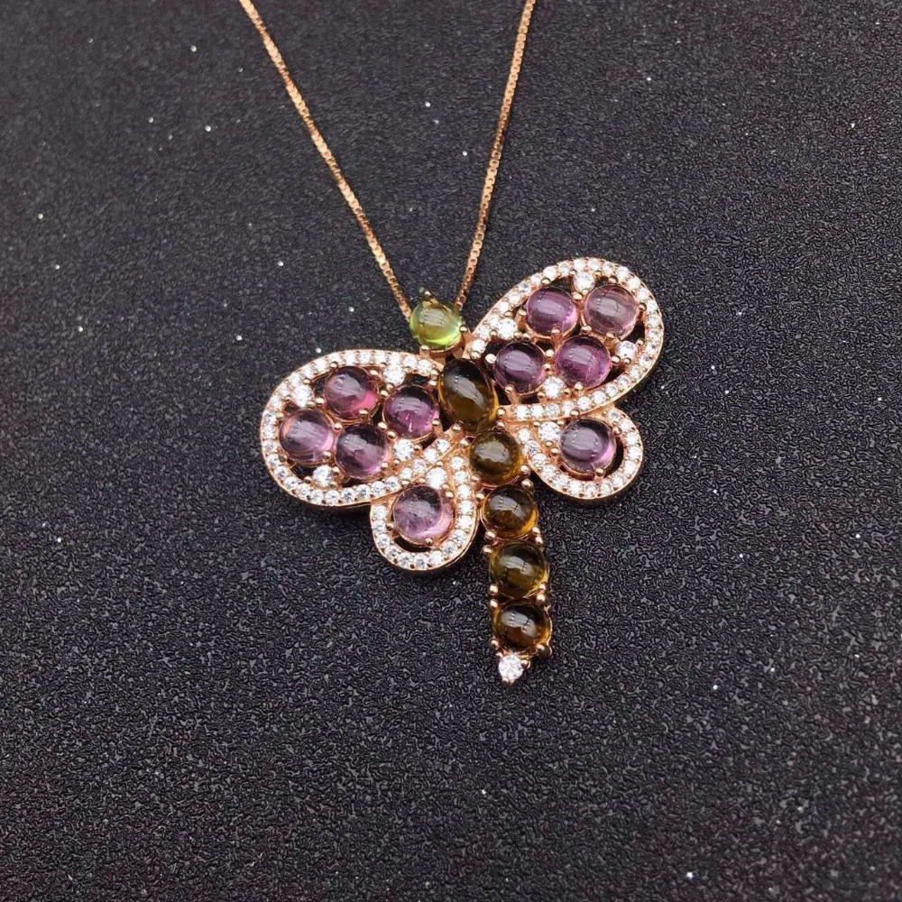 

natural pink tourmaline pendant S925 silver Natural gemstone Pendant Necklace trendy Large butterfly women party jewelry