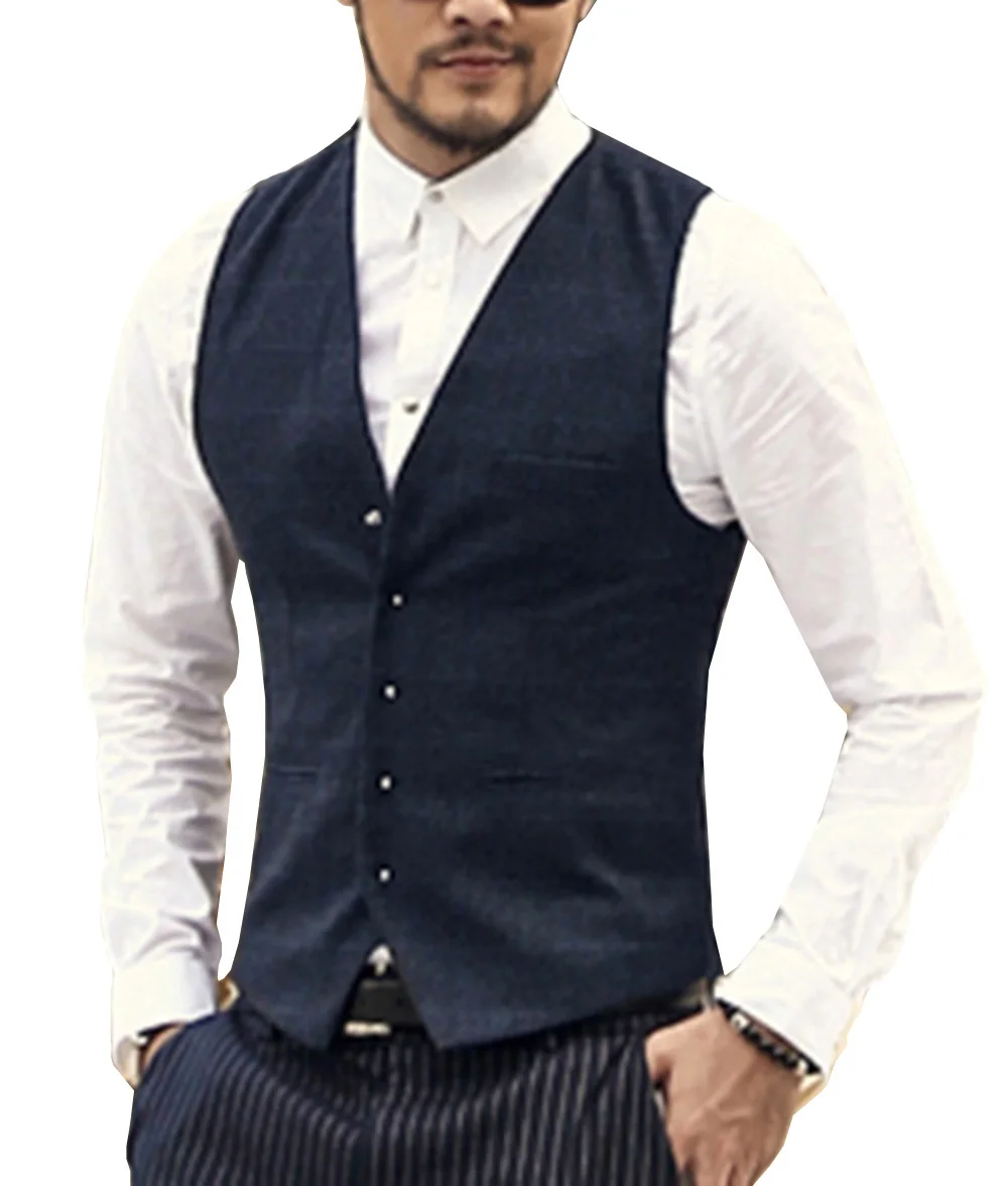 Mens Suit Vest Plaid Neck Wool Brown Single breasted Slim Fit Casual