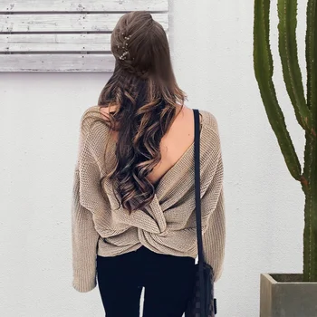 

Sexy V Neck Twisted Back Solid Knitted Sweater Women Jumpers Pullovers Casual Tops Long Sleeve Sweaters 8 colors 2018 Hot