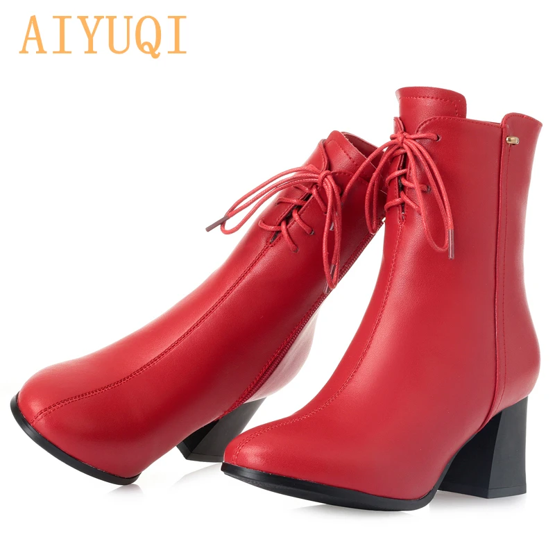 

AIYUQI Women ankle boots pointed toe 2019 leather boots women genuine winter high heel sexy red party women boots dress boot