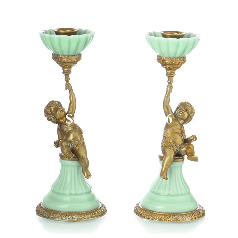

European ceramic inlaid copper candle holder small angel decorative candlestick retro home decorations porch ornaments