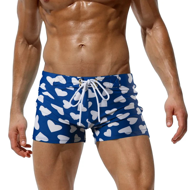

A266 Austinbem Swimwear Blue Heart print Summer Board Surf Swimsuit Men Swim Trunk Beach Short Brief Sungas Zwembroek Heren Mayo