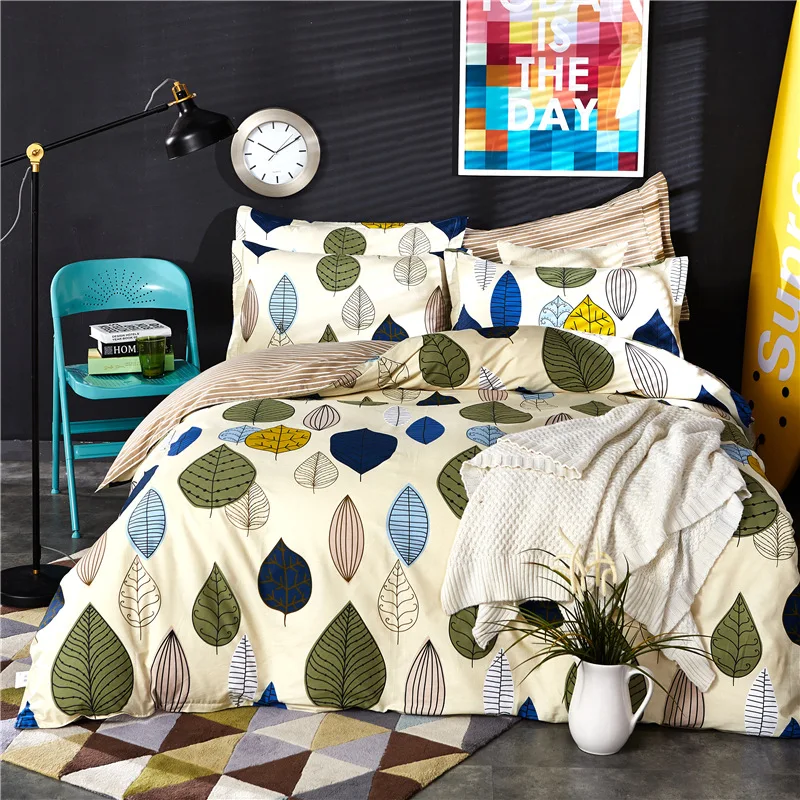

2018 new arrival traditional leave printing bedding set including 1 bedsheet 1 duvet cover 2 pillowcase home textile 100% cotton