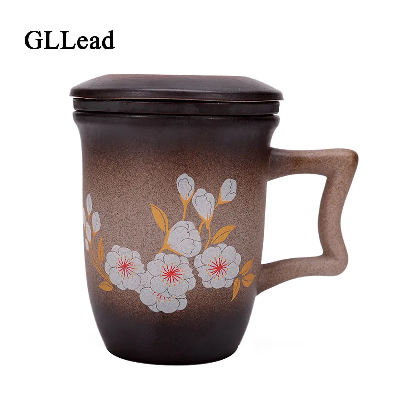 

GLLead Black Pottery Restoring Ancient Ways Mug Creative Ceramic Flower Tea Mugs Office Teacup With Filter And Lid Sets