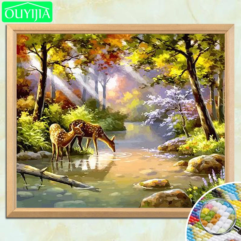 OUYIJIA Deer Drink Water 5D DIY Diamond Painting Full Square Embroidery for Sale Handwork Rhinestones Mosaic | Дом и сад