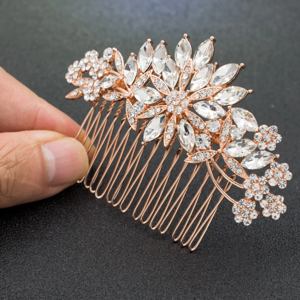 

Rose Gold Rhinestone Crystals Flowers Wedding Bridal Hair Side Comb Hairpins Women Hair Accessories Jewelry GT4390RGL