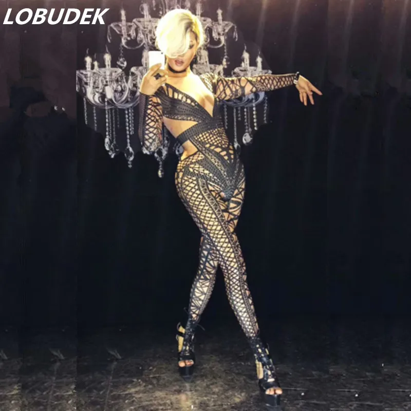 

female costume Novelty Rompers costume Shining stone black crystal Sexy jumpsuit stage wear Diamond star performance party