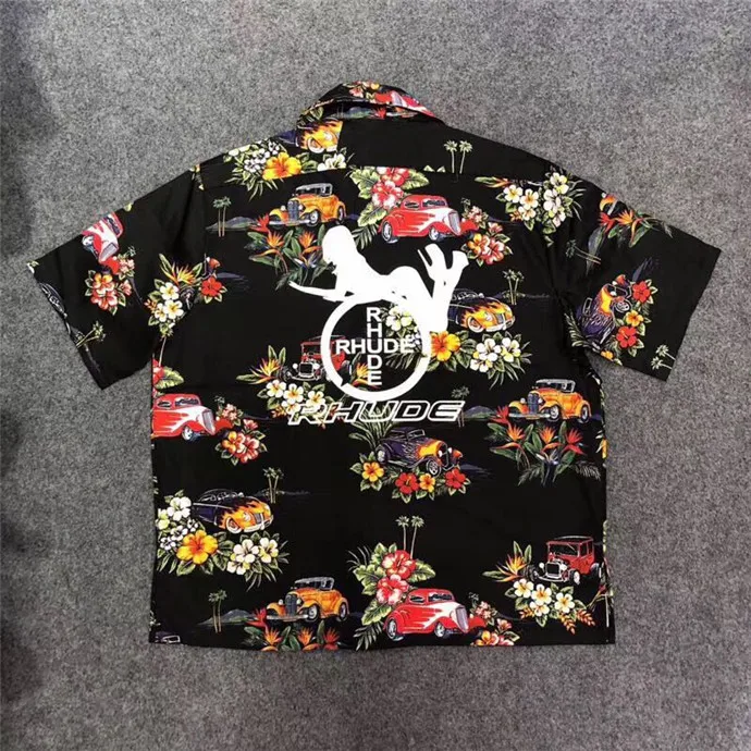 Rhude грузовик рубашка 2019 новый стиль винтажный автомобиль цветочный логотип печати Rhude рубашки мужские весенне-летний свободный крой Гавайи