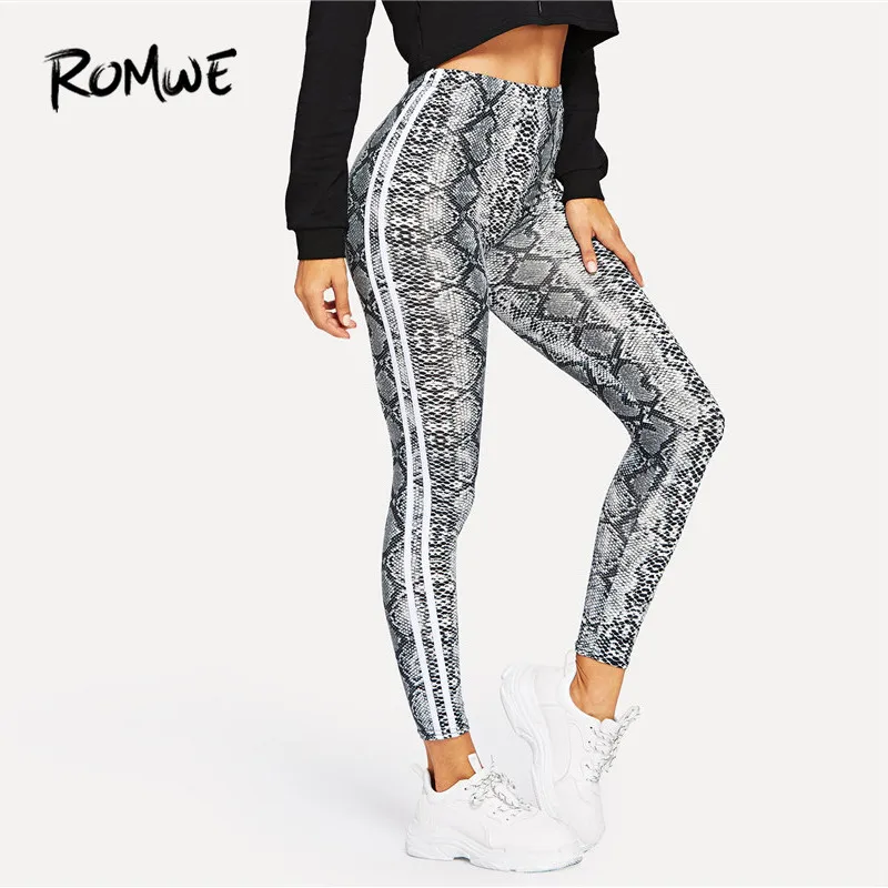 

ROMWE Snake Skin Print Side Strips Women Crop Leggings 2019 Casual Mid Waist Stretch Ankle-Length Leggings