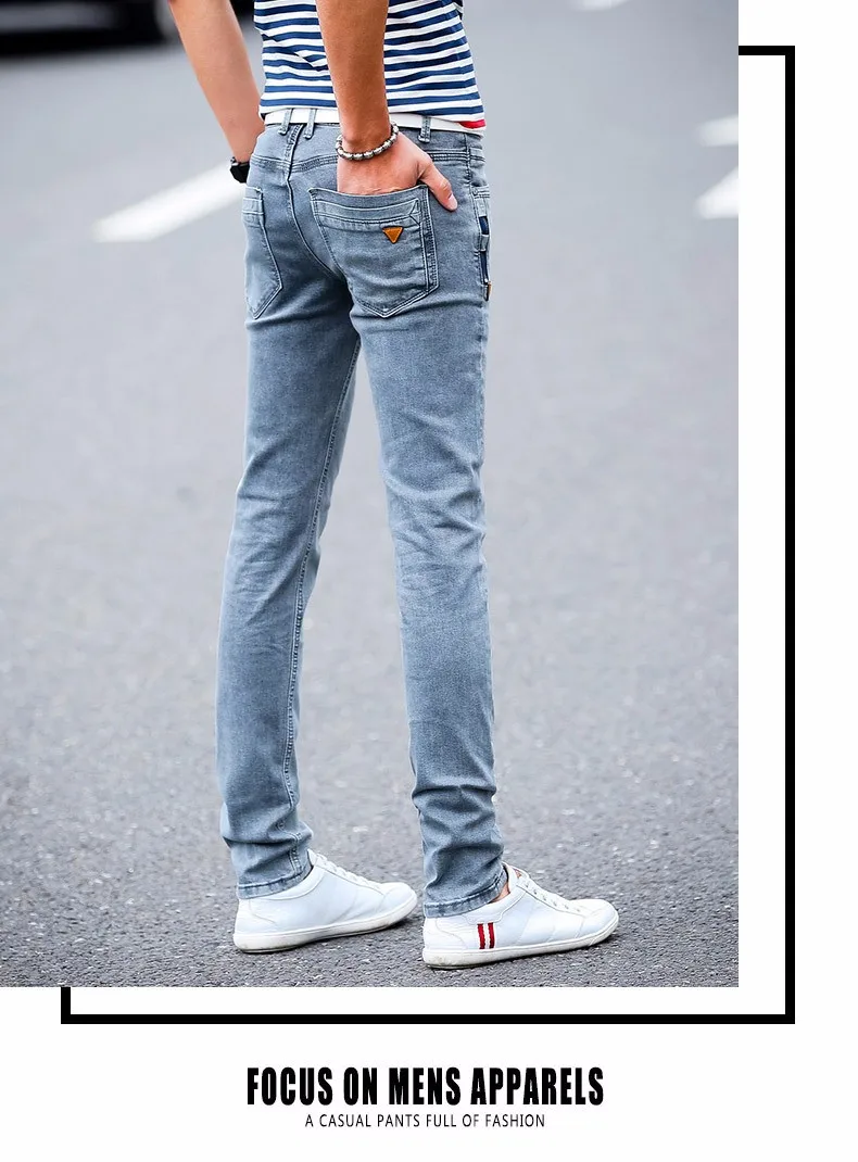 New Korean Style Men Jeans Grey Slim Skinny Man Biker Jeans with Zippers Designer Stretch Fashion