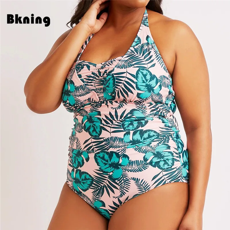 

4XL Large Size Swimsuit One-Piece Suits Halter Backless Swimwear Mujer 2019 Mayokini Plus Monokini 1 Strapless Leaf Printed XXXL