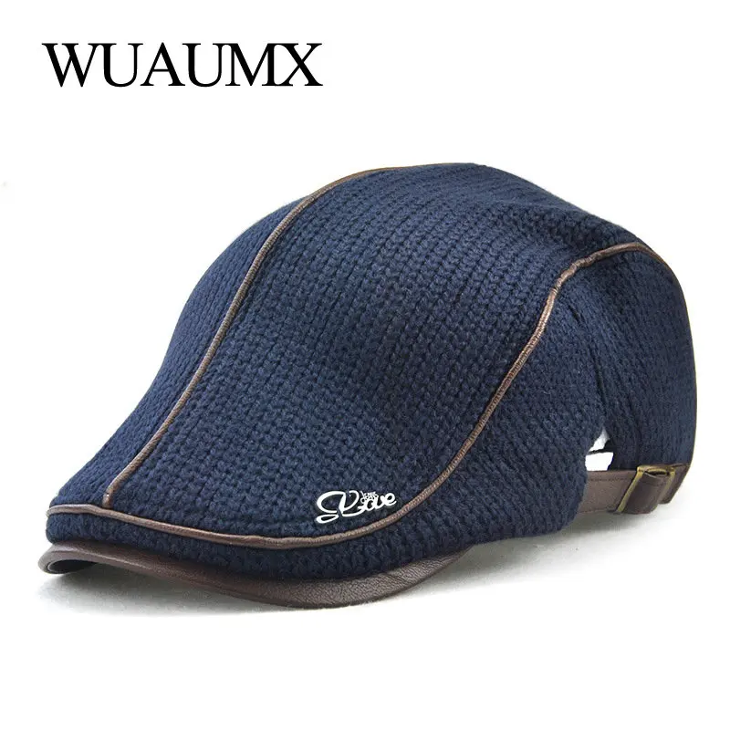 Wuaumx Autumn Winter Crochet Beret Buckle Hats For Men Beret Cap Women Military Visors Thicken Wool Warmer Knitted Cap Casquette 2