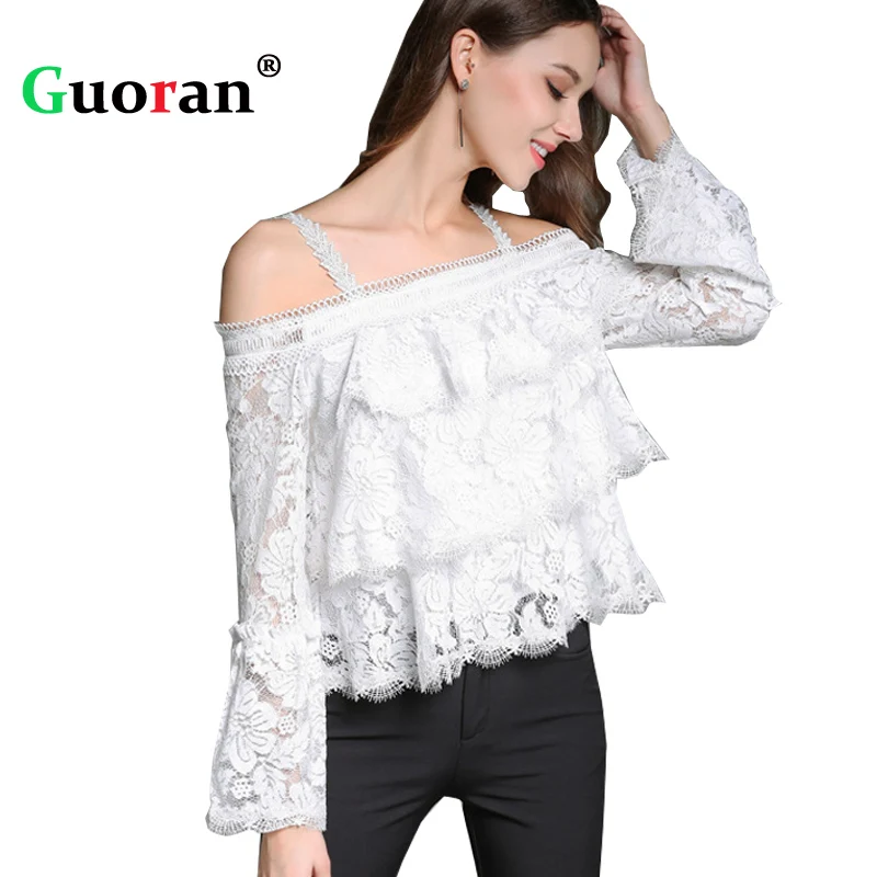 {Guoran } Pure White Sexy Off Shoulder Women Blouses Lace