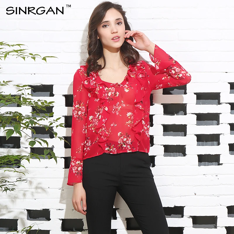 

SINRGAN V-Neck Ruffle Chiffon Blouse Shirt Casual Loose Pleated Long sleeve Shirt Women Tops Summer Beach Print Bluasa