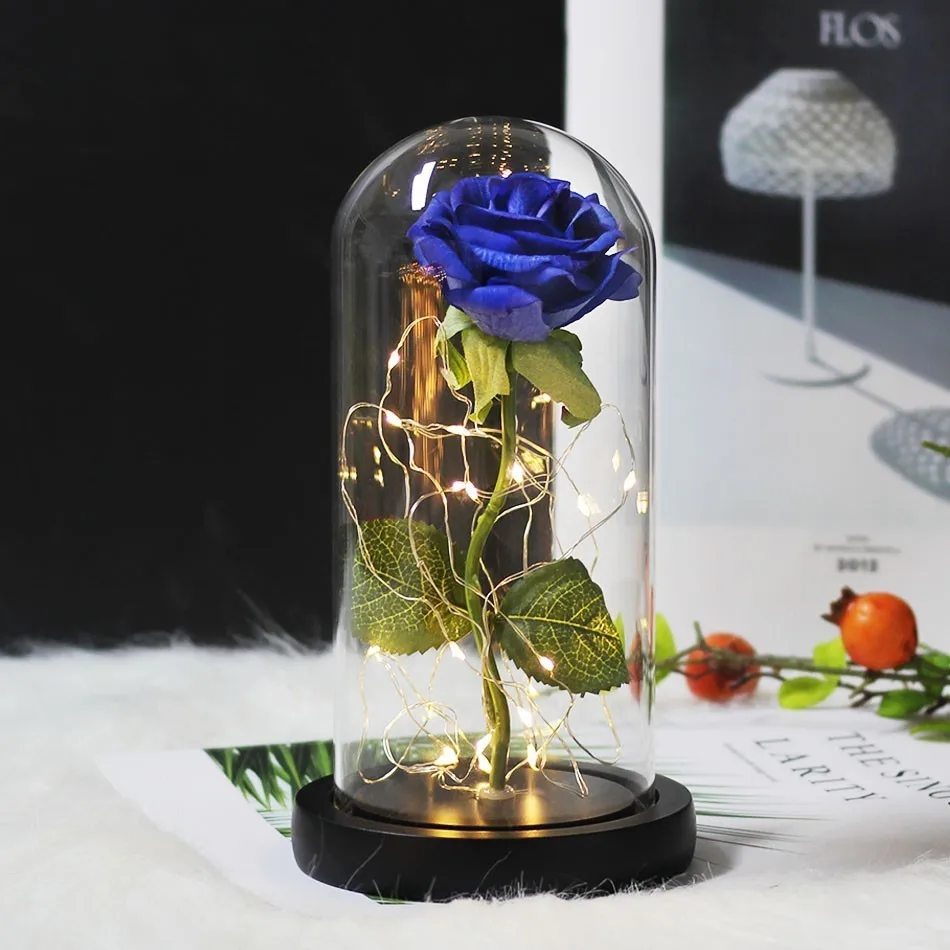 Blue Красавица и Чудовище красная роза в стеклянном куполе на деревянной основе для подарков на день Святого Валентина светодиодный лампы с розами украшения Рождественского дома - Цвет: Blue
