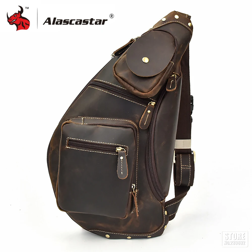 

Motorcycle Bag Small Shoulder Chest Bags Full Grain Cow Leather Messenger Bags Retro Vintage Crossbody Chest Bags