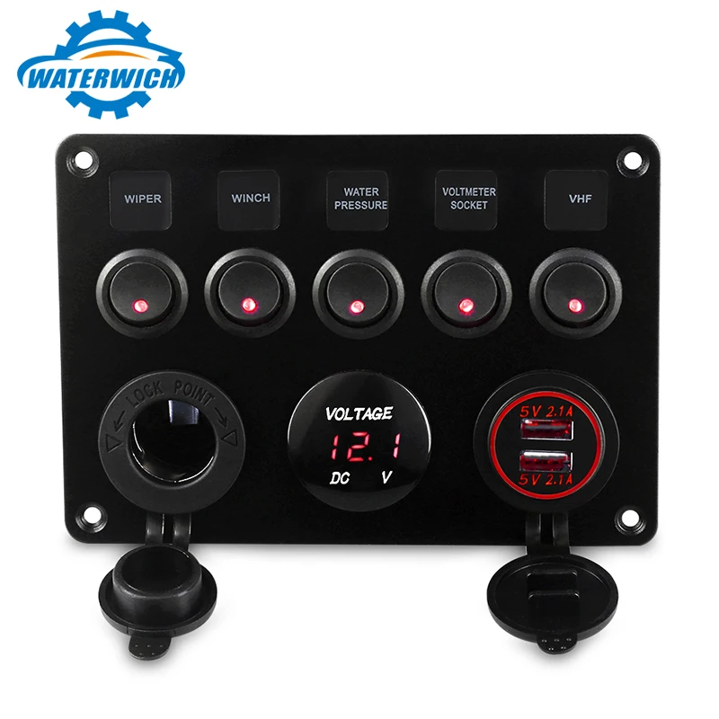 

WATERWICH 5 Gang ON-OFF Toggle Switch Panel Waterproof with Digital Voltmeter 4.2A Dual USB Charger For Car Marine RV Truck